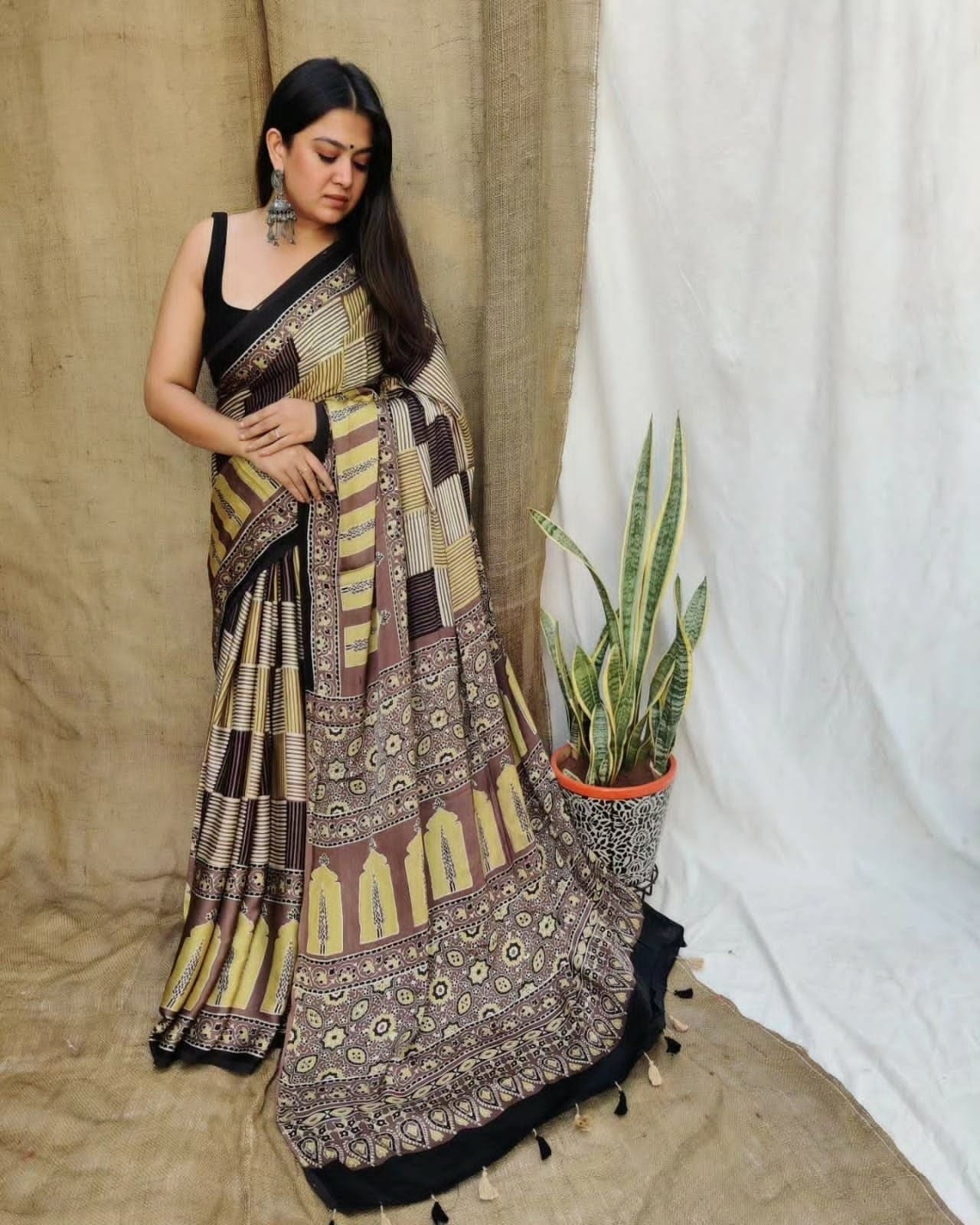 Black & Mustard Yellow Patola Inspired Digital Print Saree Original Japan Satin (Devsena satin)