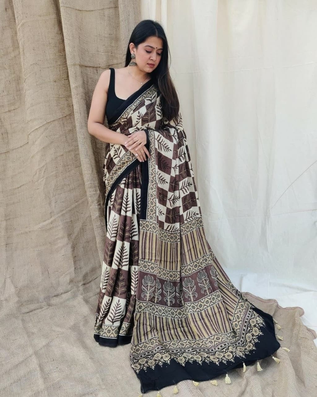 Black & Brown Traditional Block Print Style Digital Saree Original Japan Satin (Devsena satin)
