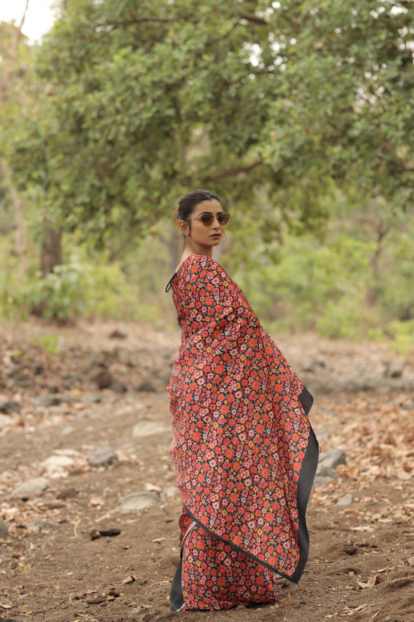 Floral Digital Print Saree Original Japan Satin (Devsena satin)