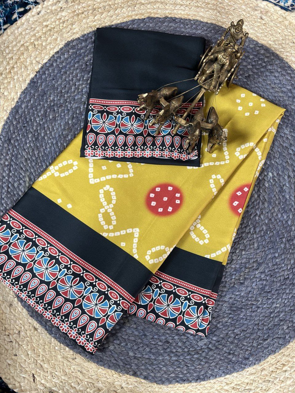 Mustard Yellow Fusion Digital Print Saree Original Japan Satin (Devsena satin)