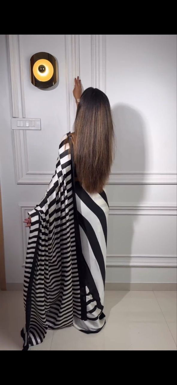 Black and White Zebra Print Style Saree Digital Print Original Japan Satin (Devsena satin)