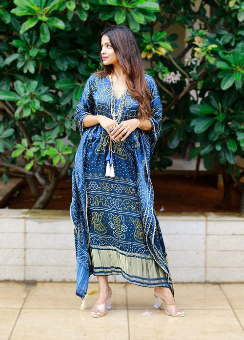 Blue Dot Ajrak Pallu Digtial Printed Satin Kaftaan