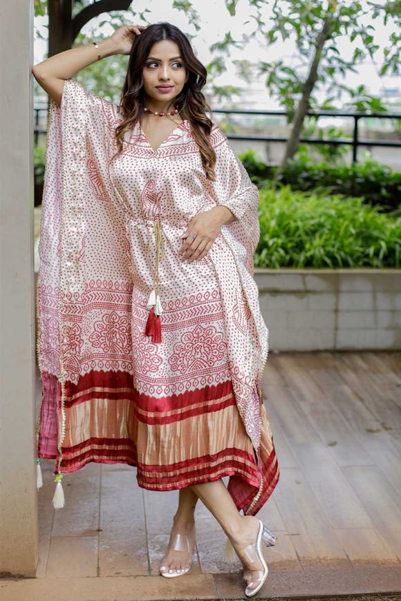 Satin White Red Dot Digital Printed Kaftan