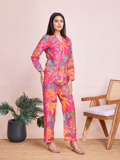 Pink Floral Digital Print Rayon Slub Cord Set