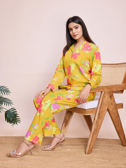 Yellow Floral Digital Print Rayon Slub Cord Set