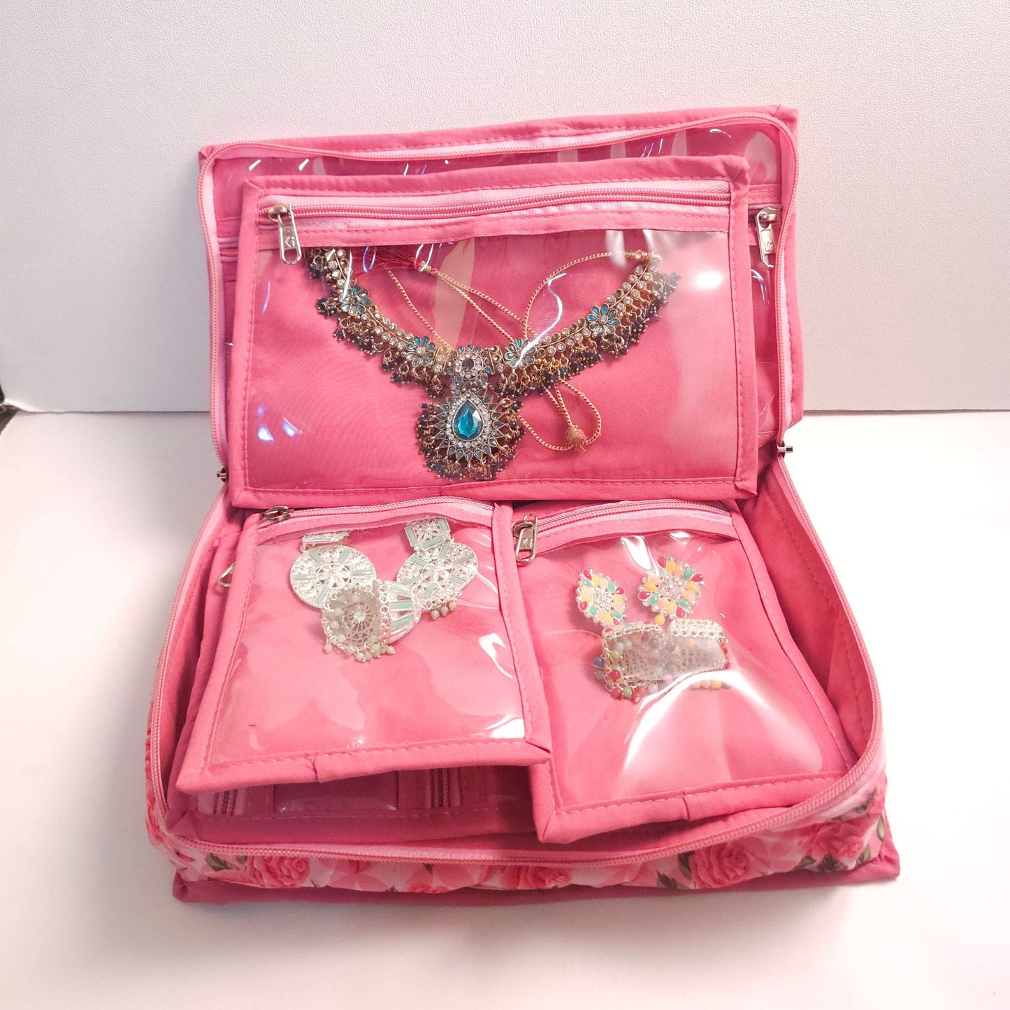 Floral Print Jewelry Organizer with 7 Detachable Pouches