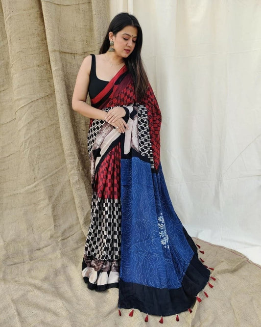 Blue & Red Digital Print Original Japan Satin (Devsena satin)