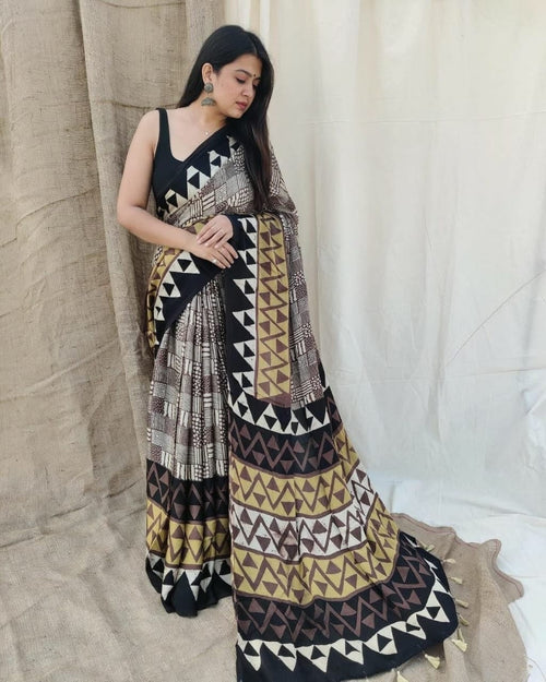 Black & Multi-Color Geometric Digital Print Saree Original Japan Satin (Devsena satin)