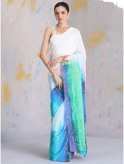 Ombre Sequin Work Digital Print Party Wear Saree Original Japan Satin (Devsena satin)
