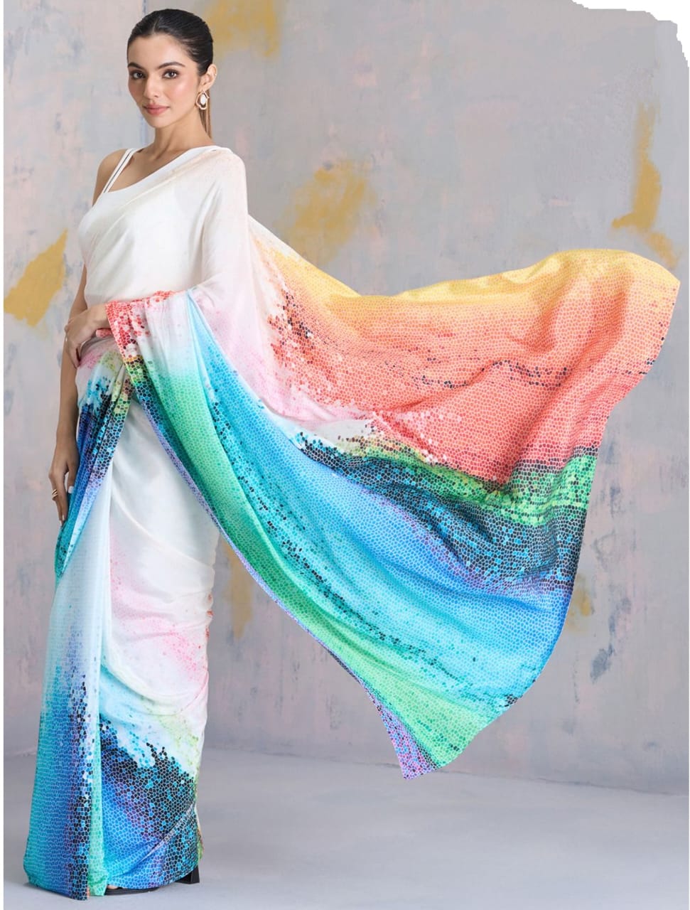 Ombre Sequin Work Digital Print Party Wear Saree Original Japan Satin (Devsena satin)