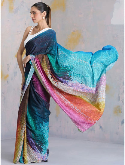 Ombre Sequin Work Digital Print Party Wear Saree Original Japan Satin (Devsena satin)
