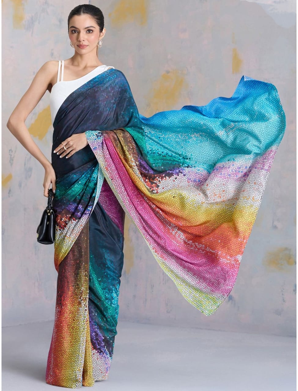 Ombre Sequin Work Digital Print Party Wear Saree Original Japan Satin (Devsena satin)
