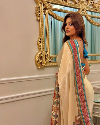 Cream Pashmina Inspired Work Digital Print Original Japan Satin (Devsena satin)