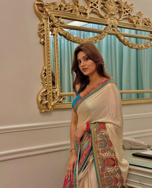 Cream Pashmina Inspired Work Digital Print Original Japan Satin (Devsena satin)