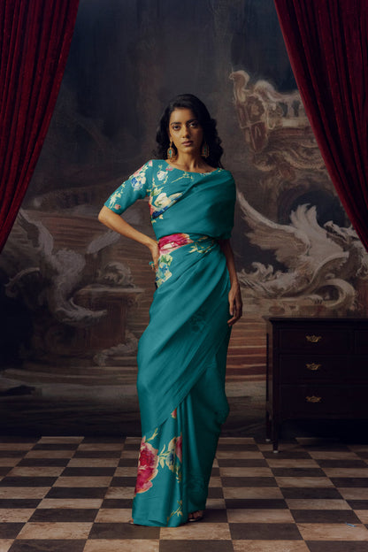 Firozi Floral Digital Printed  Original Japan Satin (Devsena satin)