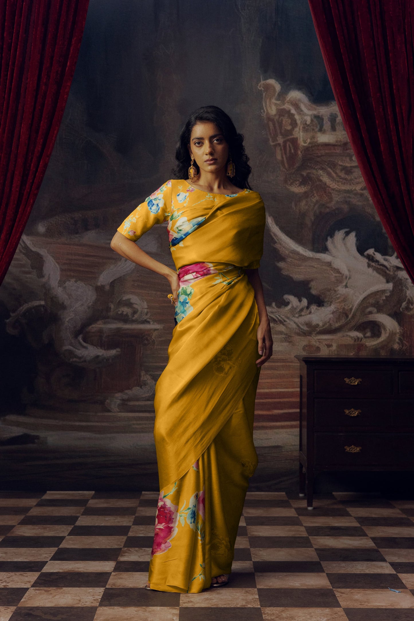 Firozi Floral Digital Printed  Original Japan Satin (Devsena satin)