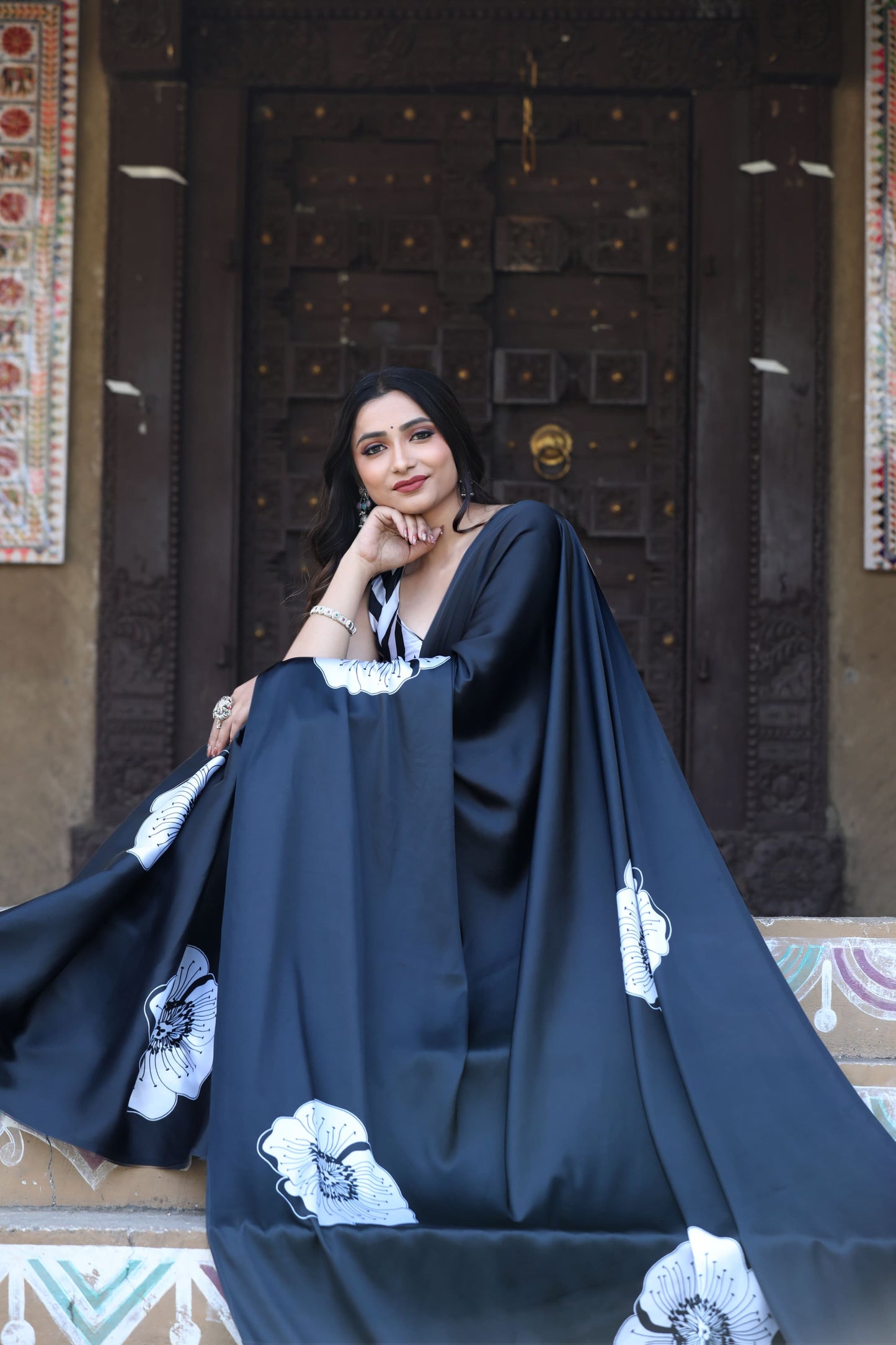 Satin Saree with Oversized White Floral Digital Print  Original Japan Satin (Devsena satin)