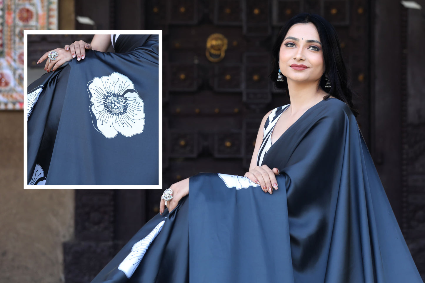 Satin Saree with Oversized White Floral Digital Print  Original Japan Satin (Devsena satin)