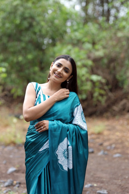 Satin Saree with Oversized White Floral Digital Print  Original Japan Satin (Devsena satin)