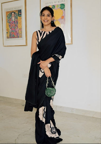 Satin Saree with Oversized White Floral Digital Print  Original Japan Satin (Devsena satin)