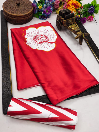 Satin Saree with Oversized White Floral Digital Print  Original Japan Satin (Devsena satin)