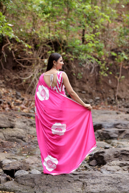 Satin Saree with Oversized White Floral Digital Print  Original Japan Satin (Devsena satin)