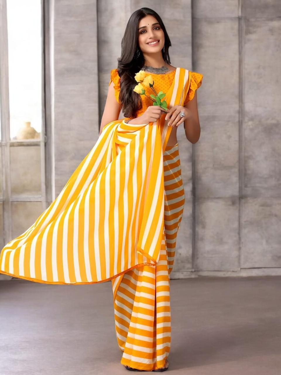 Red White Lining 1 minute Soft Georgette Saree