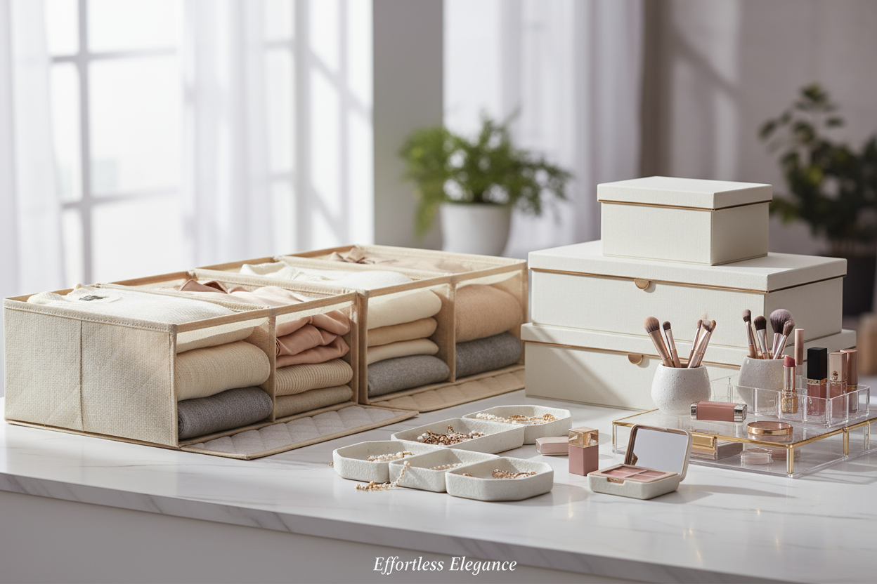 Create a realistic product photography style banner for a Shopify store that sells all types of organizers — including jewelry organizers, wardrobe organizers, makeup organizers, and storage boxes.

The scene should be clean, stylish, and premium, showcasing a variety of neatly arranged organizers in a modern home setting. Use soft natural lighting, realistic shadows, and a neutral or pastel color palette (beige, white, blush, or light grey tones).

Highlight the sense of organization and elegance, with ite