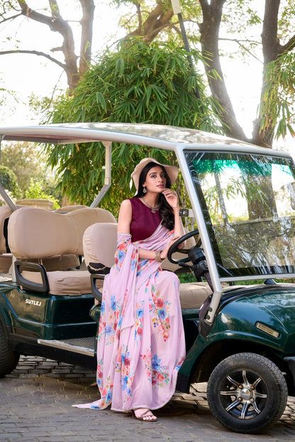 Floral Printed With Pearl Lace Border