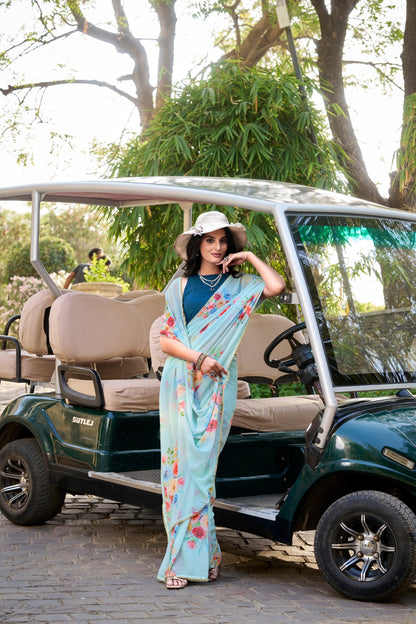 Floral Printed With Pearl Lace Border