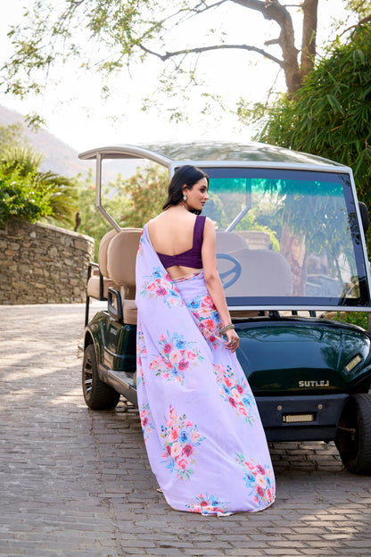 Floral Printed With Pearl Lace Border