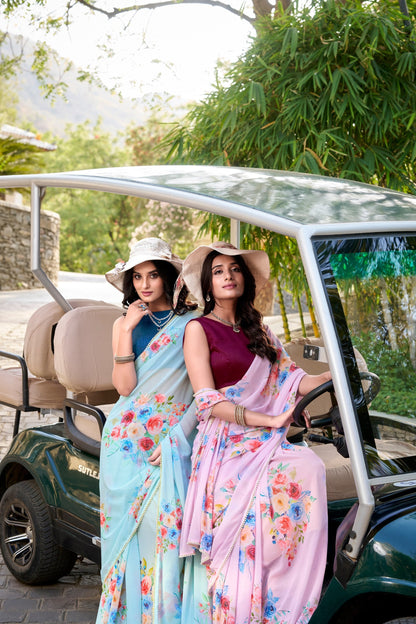 Floral Printed With Pearl Lace Border