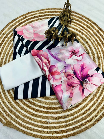 Orange & White Stripe Floral Digital Print   Original Japan Satin (Devsena satin)