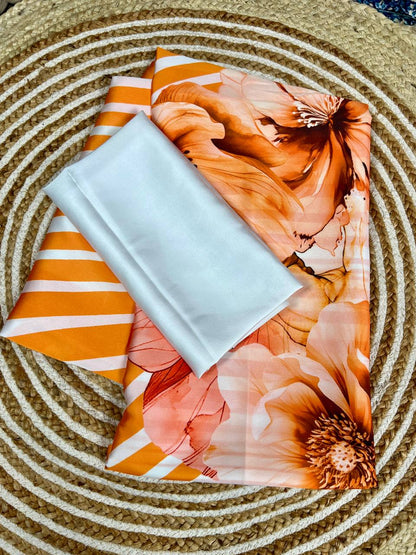 Orange & White Stripe Floral Digital Print   Original Japan Satin (Devsena satin)