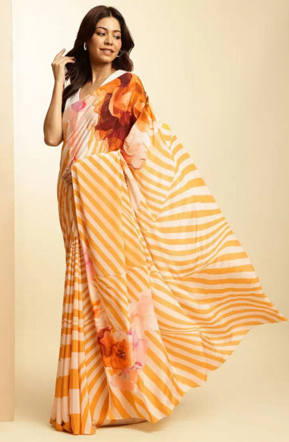 Orange & White Stripe Floral Digital Print   Original Japan Satin (Devsena satin)