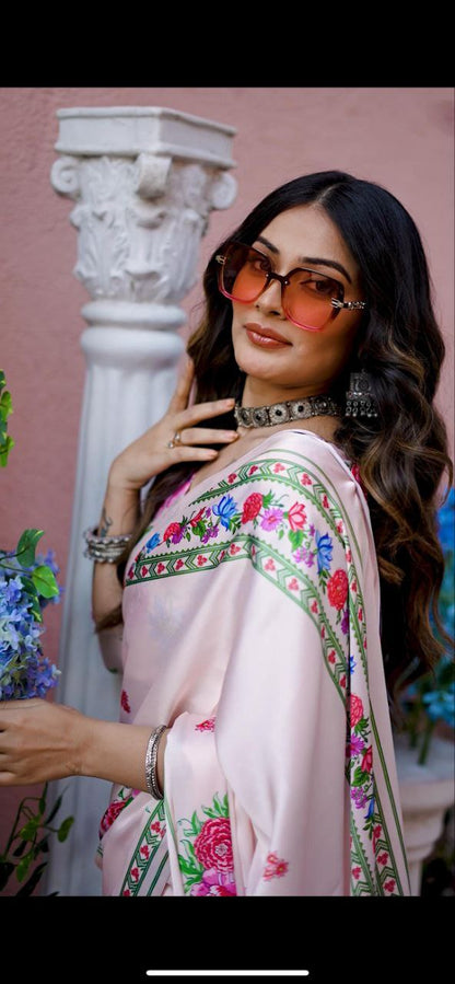Light Pink Digital Floral Print Satin Saree Original Japan Satin (Devsena satin)
