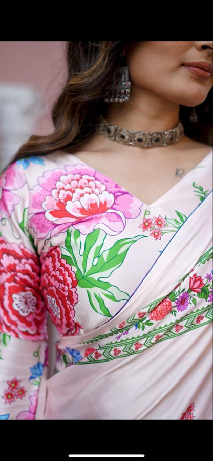 Light Pink Digital Floral Print Satin Saree Original Japan Satin (Devsena satin)