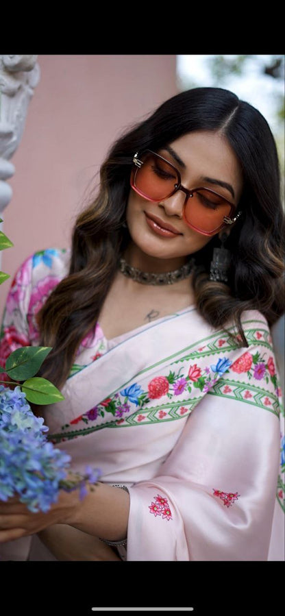 Light Pink Digital Floral Print Satin Saree Original Japan Satin (Devsena satin)