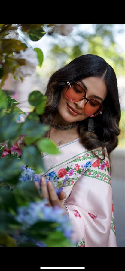 Light Pink Digital Floral Print Satin Saree Original Japan Satin (Devsena satin)