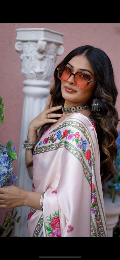 Light Pink Digital Floral Print Satin Saree Original Japan Satin (Devsena satin)