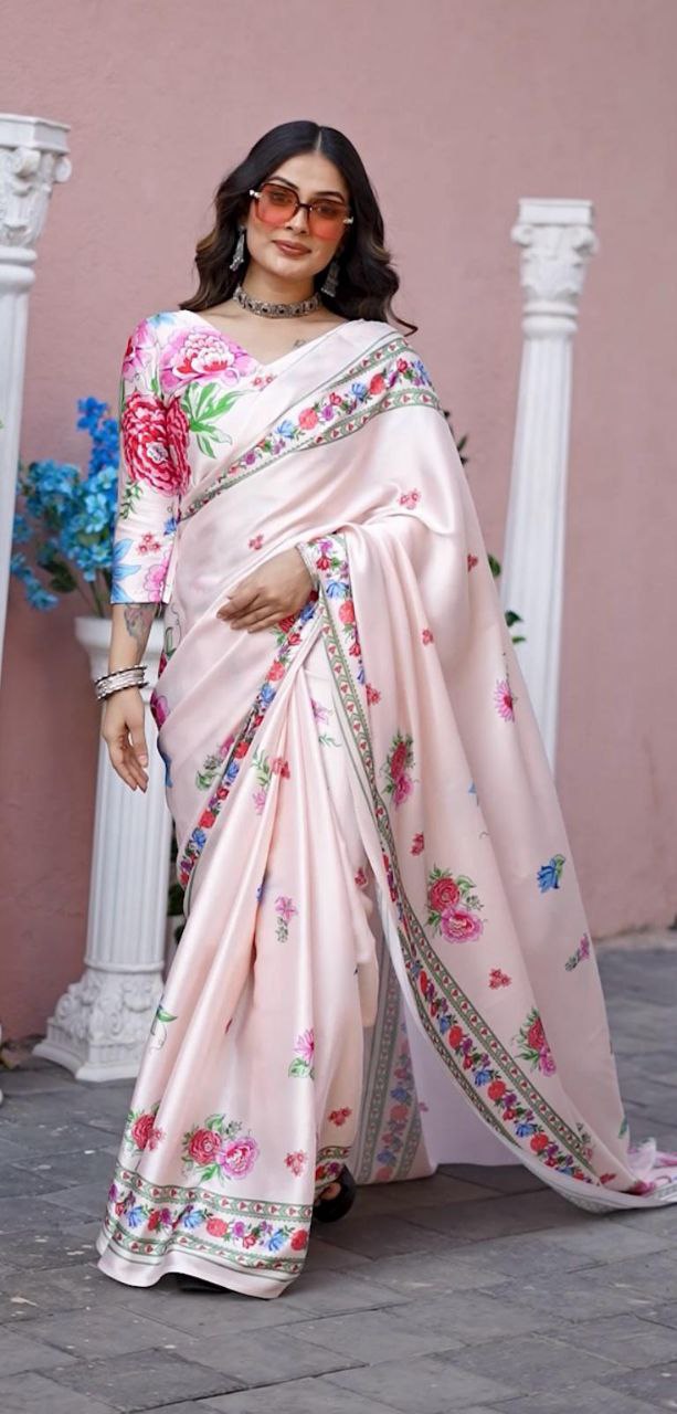 Light Pink Digital Floral Print Satin Saree Original Japan Satin (Devsena satin)
