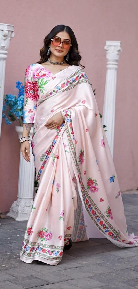 Light Pink Digital Floral Print Satin Saree Original Japan Satin (Devsena satin)