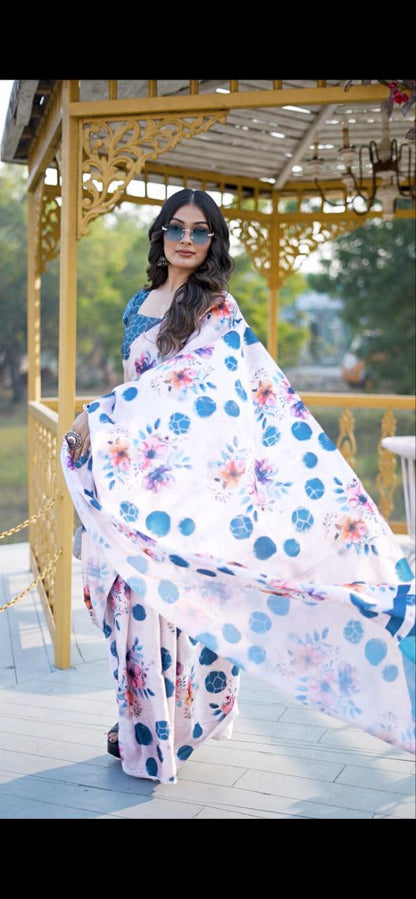 Satin Saree with Blue Polka Dot & Multi-Floral Digital Print Original Japan Satin (Devsena satin)