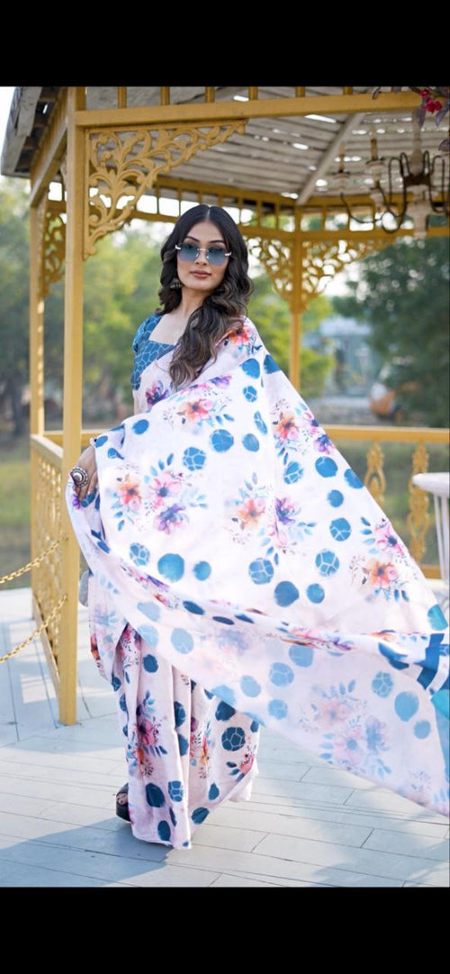 Satin Saree with Blue Polka Dot & Multi-Floral Digital Print Original Japan Satin (Devsena satin)