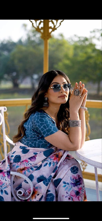 Satin Saree with Blue Polka Dot & Multi-Floral Digital Print Original Japan Satin (Devsena satin)