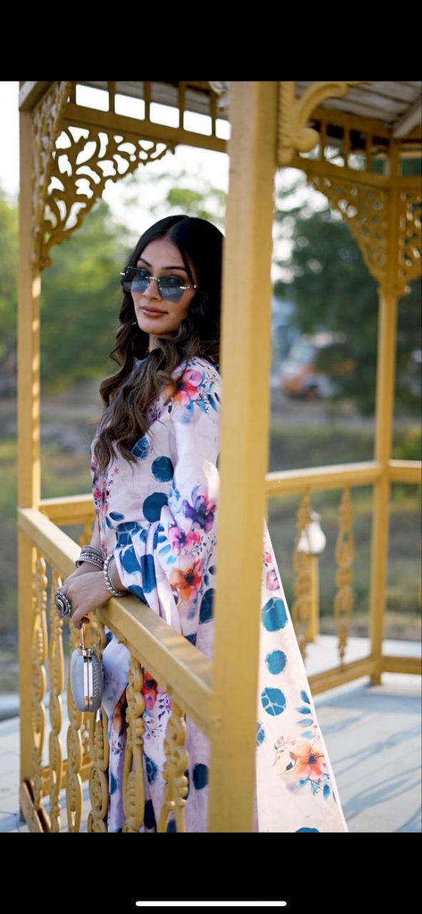 Satin Saree with Blue Polka Dot & Multi-Floral Digital Print Original Japan Satin (Devsena satin)