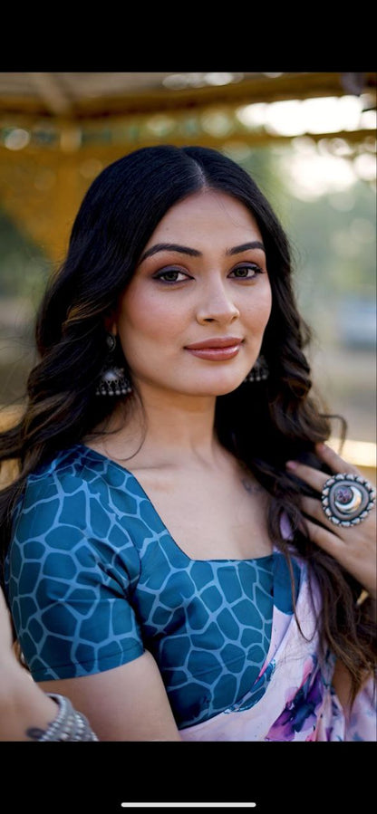 Satin Saree with Blue Polka Dot & Multi-Floral Digital Print Original Japan Satin (Devsena satin)