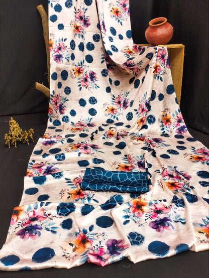 Satin Saree with Blue Polka Dot & Multi-Floral Digital Print Original Japan Satin (Devsena satin)