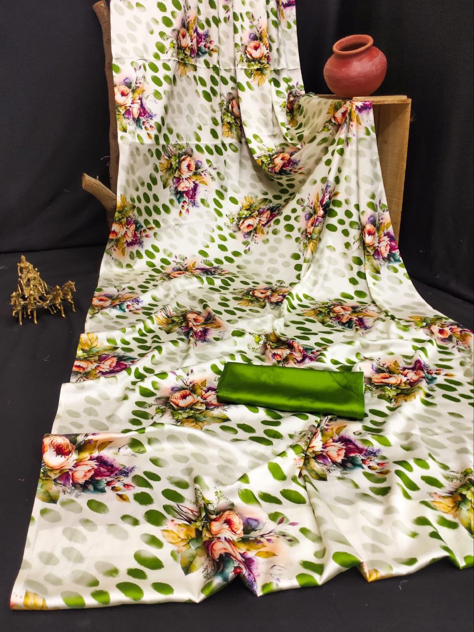 Satin Saree with Blue Polka Dot & Multi-Floral Digital Print Original Japan Satin (Devsena satin)