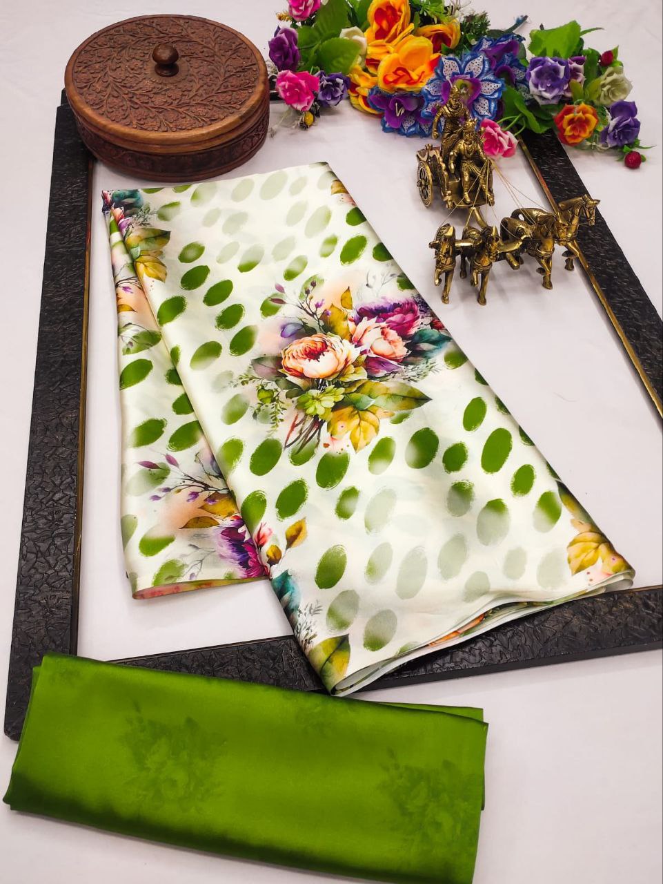 Satin Saree with Blue Polka Dot & Multi-Floral Digital Print Original Japan Satin (Devsena satin)